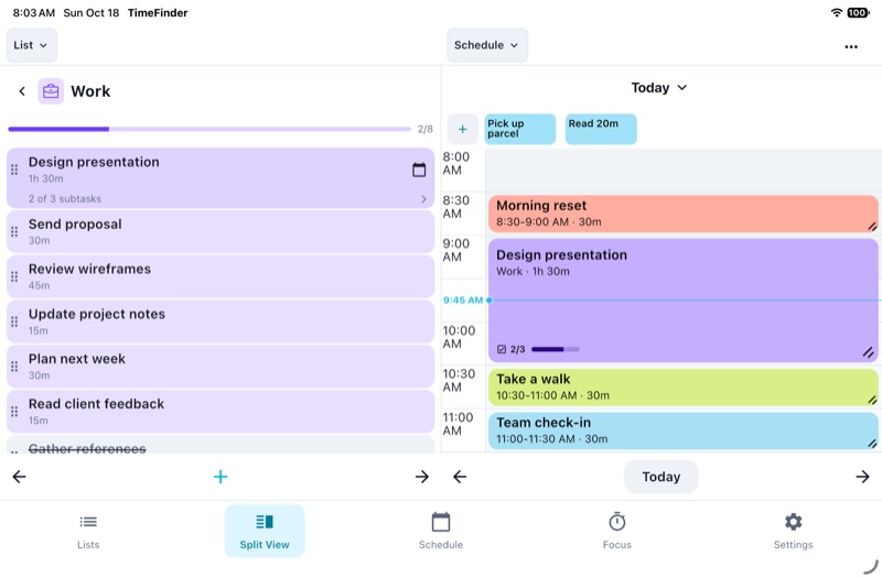 TimeFinder on iPad with a Work task list and the day’s schedule side by side.