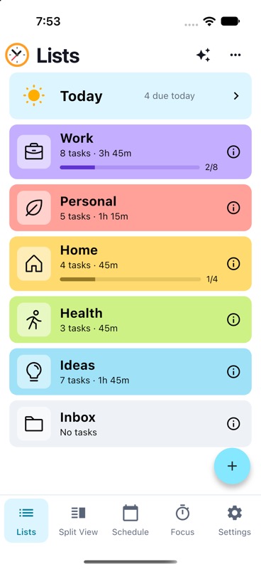 Color-coded lists in TimeFinder, including Work, Personal, Home, Health, and Ideas.