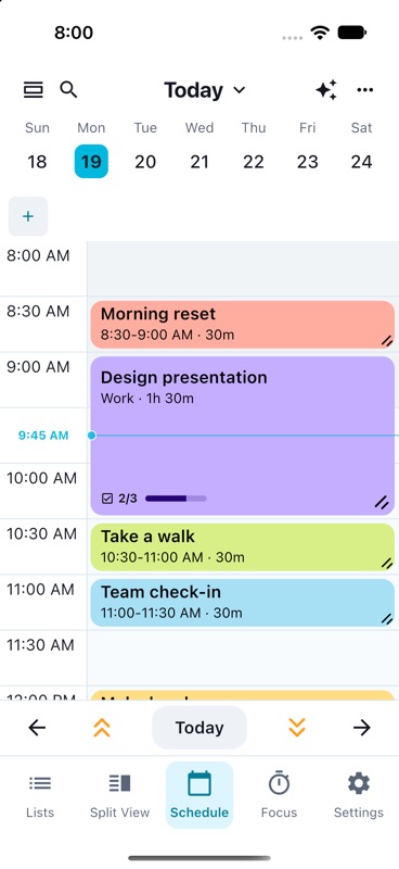 TimeFinder’s day schedule: colorful time blocks for a morning reset, design presentation, walk, and team check-in.